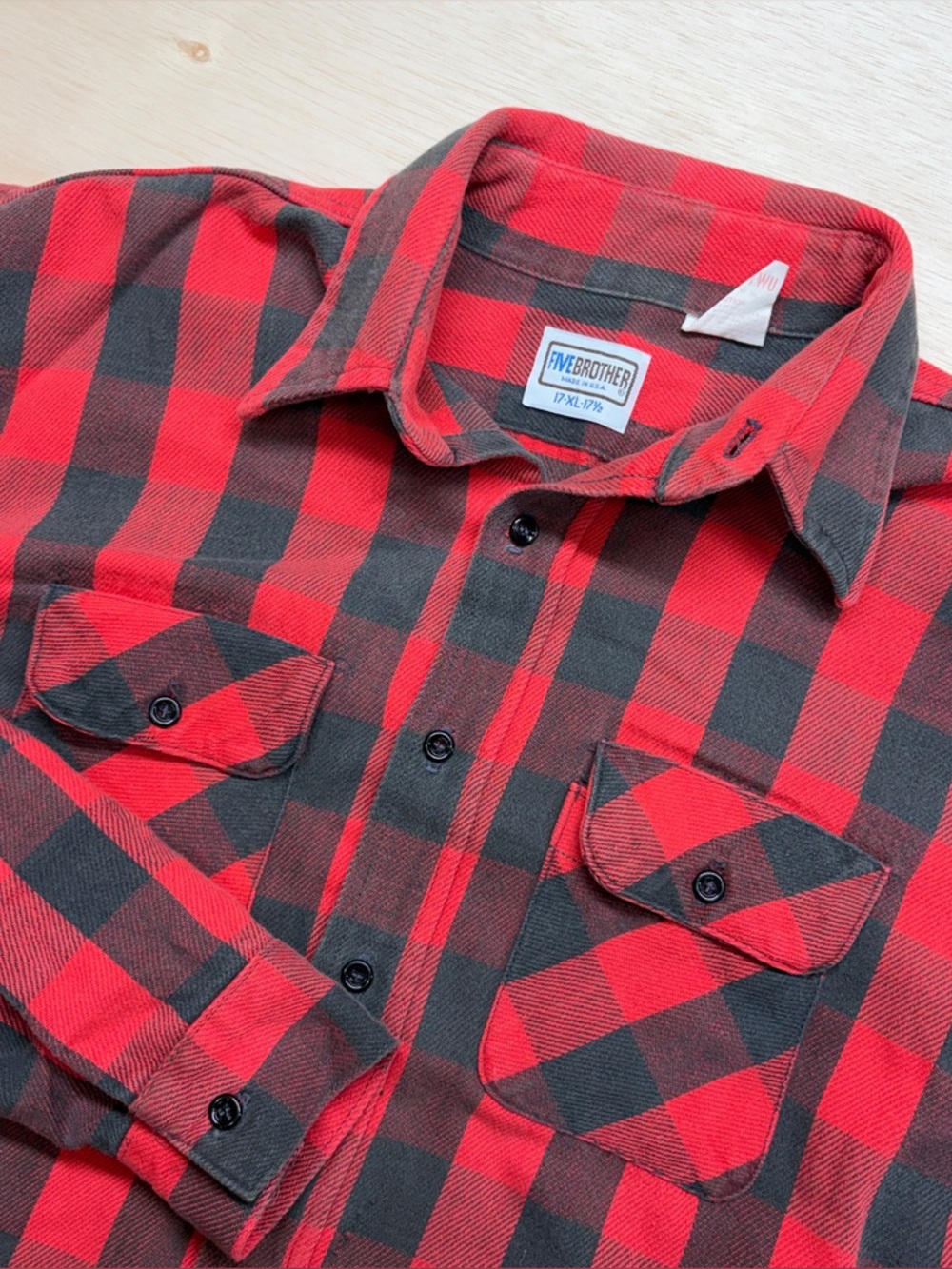 VTG 80s Five Brother Plaid Flannel Shirt USA Union Made Sz XL Tall  Workwear Red
